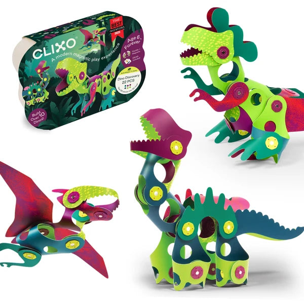 Springen Sie mit dem Clixo Discovery Pack in eine Zeitmaschine! Mehrere Dinos auf einmal zusammenfügen, einen brüllenden T-Rex, einen schwebenden Pterodaktylus oder einen riesigen Langhals-Riesen. Inspirieren Sie kreatives Selbstvertrauen, fördern Sie das STEAM-Lernen und entdecken Sie die Kraft des Spiels mit Clixo!