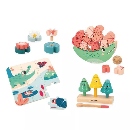 Beschreibung

Eine Spielbox eigens für Babys ab 24 Monaten: Hier ist die Janod Box! Diese Babybox wurde speziell zur Förderung von Konzentration und Genauigkeit entwickelt und enthält 4 schöne Spielzeuge.

Da ist zunächst ein Balancierspiel aus Holz in Form eines Krokodils: Ziel ist es, möglichst viele der 12 mitgelieferten Holzblätter auf seinem Rücken zu stapeln. Es stehen zwei verschiedene Größen zur Verfügung - für eine größere Herausforderung!
Es gibt zwei Spielmöglichkeiten: allein oder zu mehreren od
