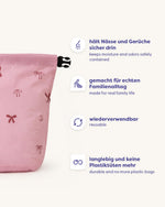 Keine raschelnden Plastiktüten mehr in der Kita. Keine unangenehmen Gerüche in der Tasche. Keine funktional-langweiligen Wet Bags, die man am liebsten versteckt.
the wet bag wurde für Eltern entwickelt, die Alltag praktisch lösen wollen — ohne auf Stil zu verzichten.
