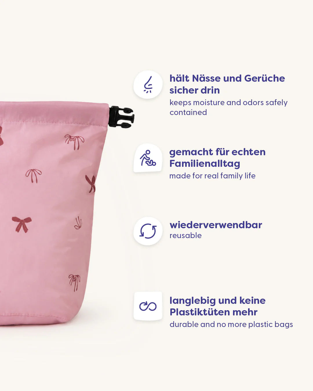 Keine raschelnden Plastiktüten mehr in der Kita. Keine unangenehmen Gerüche in der Tasche. Keine funktional-langweiligen Wet Bags, die man am liebsten versteckt.
the wet bag wurde für Eltern entwickelt, die Alltag praktisch lösen wollen — ohne auf Stil zu verzichten.
