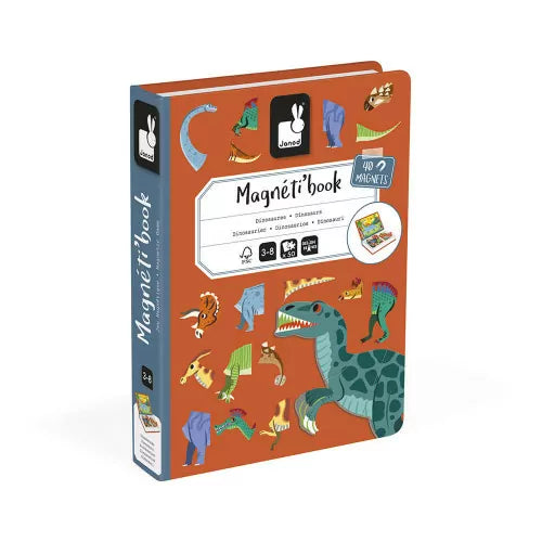 Magnéti'book „Dinosaurier“ ist ein pädagogisches Magnetbuch für Kinder ab 3 Jahren. Mit 40 Magneten und 10 Karten können Kinder Dinosaurier nachbauen oder eigene Kreaturen erschaffen. Das Spiel fördert Kreativität und Feinmotorik und besteht aus FSC®-zertifizierten Materialien. Ideal, um spielerisch die Welt der Dinosaurier zu entdecken.