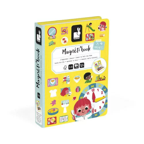 Magneti'book „Lerne die Uhr“ macht das Lernen der Uhrzeit spielerisch einfach. Mit 75 Magneten und 8 doppelseitigen Vorlagen können Kinder ab 3 Jahren 16 Alltagsszenen nachstellen und die passende Uhrzeit zuordnen. Das handliche Format ist ideal für unterwegs und hält die Magnete sicher an Ort und Stelle – perfekt für Autofahrten oder Wartezeiten. Hergestellt aus FSC®-zertifizierten Materialien, verbindet es Spaß mit Nachhaltigkeit.