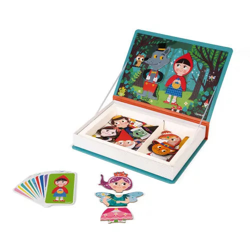 Magnéti'book „Märchen“ ist ein pädagogisches Magnetbuch für Kinder ab 3 Jahren. Mit 30 Magneten und zehn Modellkarten können Kinder bekannte Märchenfiguren nachbauen oder eigene fantasievolle Figuren kreieren. Das Spiel fördert Kreativität und Feinmotorik und besteht aus FSC®-zertifizierten Materialien. Ideal für spielerisches Lernen und Spaß.
