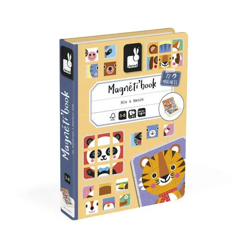 Magnéti'book „Mix &amp; Match“ ist ein pädagogisches Magnetspiel für Kinder ab 3 Jahren. Mit 72 Magneten und acht Modellkarten können Kinder Tiere nachbauen oder eigene Fantasietiere kreieren. Das fördert Kreativität und Feinmotorik spielerisch. Hergestellt aus FSC®-zertifizierten Materialien, ist es sicher und umweltfreundlich. Ein unterhaltsames Lernspiel, das Kinder begeistert!