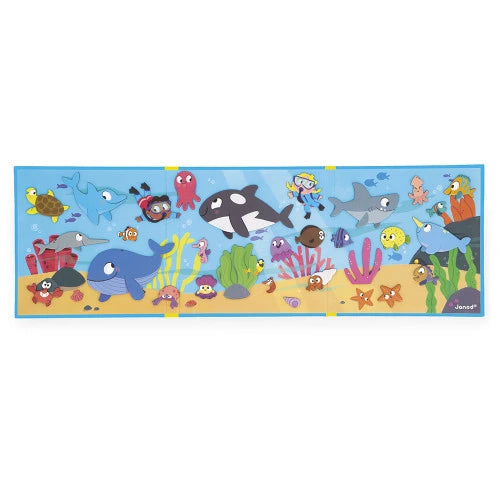 Beschreibung

Wie wär's mit einem Picknick? Ihre Kinder tauchen ab 3 Jahren in die Tiefen des Meeres ein mit dieser illustrierten magnetischen Dekoration, die Fische und Schalentiere miteinander verbindet.

Dieses Magnetspiel besteht aus einem magnetischen Dekor und 30 Magneten. Die Feinmotorik, die bei den ersten Lernschritten Ihres Kindes im Mittelpunkt steht, wird durch das Greifen der magnetischen Teile gefördert.