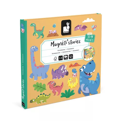 Erleben Sie mit dem Magneti'stories Dinosaurier-Spiel die spannende Welt der Urzeit! Dieses magnetische Set mit 30 Dinosaurier-Magneten und einer aufstellbaren Kulisse fördert die Feinmotorik und regt die Fantasie Ihres Kindes ab 3 Jahren an. Ob Vulkanausbruch oder Dino-Geburt – Ihr Kind erzählt seine eigenen Geschichten. Praktisch faltbar und aus nachhaltigen Materialien gefertigt, begleitet es Ihr Kind überall hin.