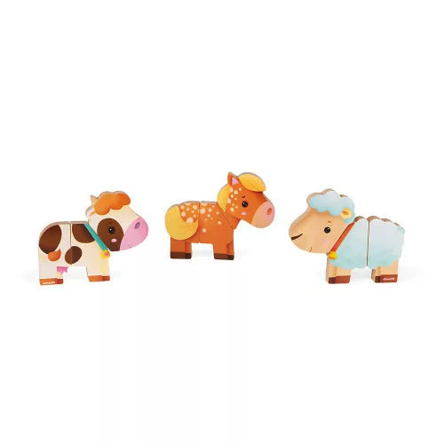 Für Kinder von 18 bis 36 Monaten. 3 aus 3 Teilen bestehende magnetische Tiere: zum Zerlegen und entweder richtigen Zusammensetzen oder Kreieren von Fantasietieren. Ein lustiges Zuordnungsspiel, das die Fantasie anregt.

