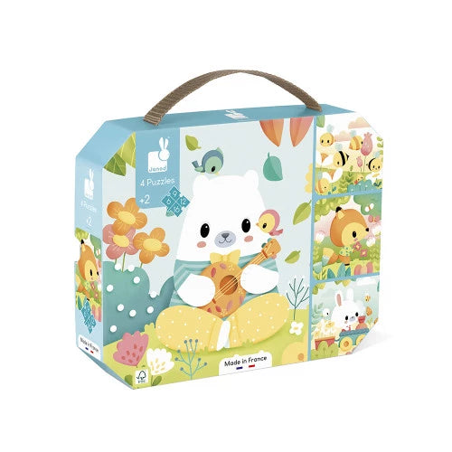 Diese 4 liebevoll gestalteten Tierpuzzles mit 6, 9, 12 und 16 Teilen sind perfekt für Kinder ab 2 Jahren. Sie fördern spielerisch Feinmotorik und Konzentration, während die großen Teile ideal für kleine Hände sind. Die farbigen Rückseiten helfen beim Erkennen der Puzzles. Praktisch im handlichen Koffer verpackt, begleiten sie Ihr Kind überall hin. Hergestellt in Frankreich aus FSC™-Karton und mit pflanzlichen Farben bedruckt, verbinden sie Lernen und Spaß auf natürliche Weise.