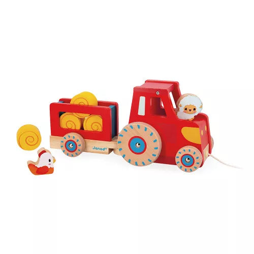 Dieser Nachzieh-Traktor aus FSC™-zertifiziertem Holz fördert ab 12 Monaten spielerisch die Grobmotorik Ihres Kindes. Mit abnehmbarem Anhänger und 6 Zubehörteilen lädt er zu fantasievollen Bauernhof-Abenteuern ein. Die geräuscharmen Räder sorgen für ruhigen Spielspaß – ideal, um Ihr Baby zum Bewegen zu motivieren. Einfach die Schnur greifen und losziehen!