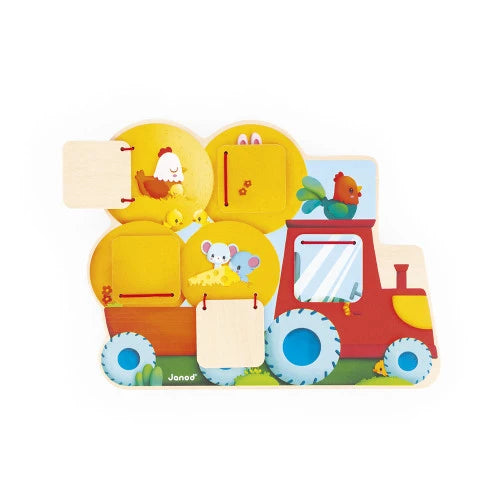 Beschreibung

Wer versteckt sich im Traktor? Und in dem Anhänger? Baby wird es schnell herausfinden, wenn es die Klappen dieses Traktor-Versteckspiels aus Holz öffnet!

Dieses ab 12 Monaten geeignete Material ist wie ein Puzzle aufgebaut. Das Besondere daran sind die 5 Fenster, die sich öffnen lassen, um die niedlichsten Tiere auf dem Bauernhof zu entdecken! Die Fenster sind für die Kleinsten leicht zu handhaben und schließen sich dank der Gummibänder von selbst. 