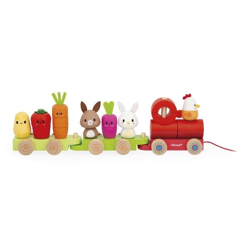 Vom Bauernhof bis zum Markt fährt man mit dem kleinen Zug! Ab 12 Monaten wird das Baby seinen Zug zum Ziehen lieben. Dieser Holzzug besteht aus drei Waggons und 19 Teilen, die zusammengebaut werden müssen.

Er ist sowohl ein Bauspielzeug als auch ein Nachziehspielzeug, das die Bewegung fördert. Teile stapeln oder eine Fahrt unternehmen: Warum sollte man sich entscheiden, wenn man beides tun kann?

In der spielerischen und farbenfrohen Welt des Bauernhofs entdeckt Ihr Baby mit Freude kleine Tiere (ein weißes
